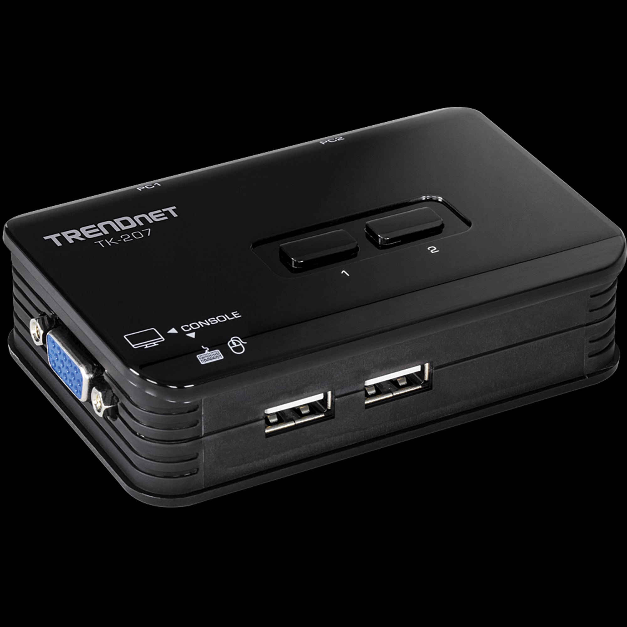 TRENDnet 2-Port USB KVM Switch front view with VGA and USB ports